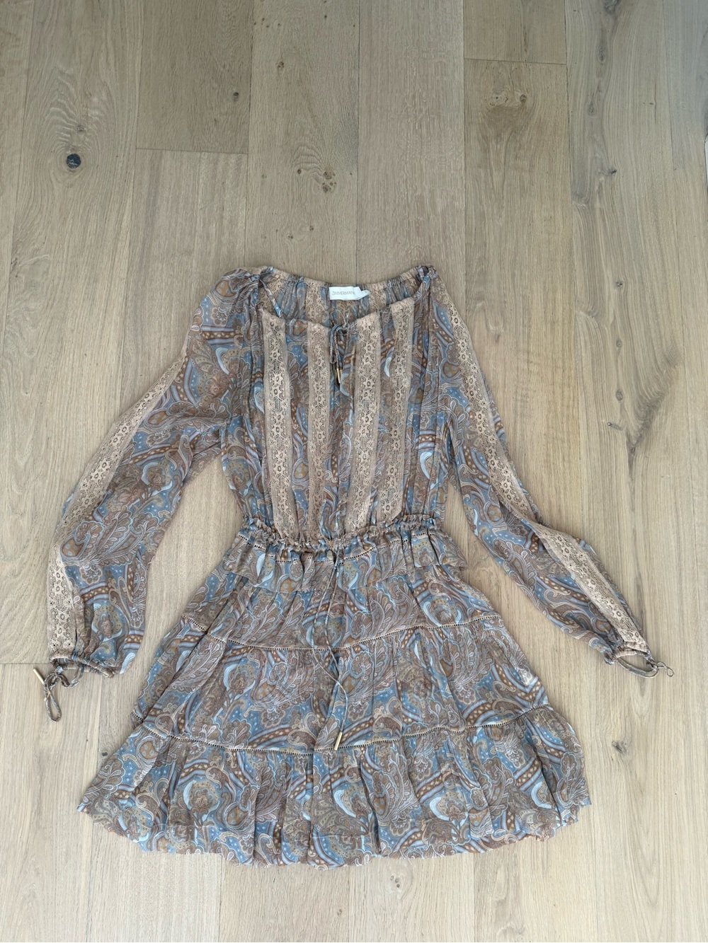 Zimmermann Paisley Tiered Long-Sleeve Mini Dress in Tan & Light Blue